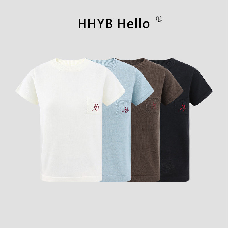 HHYB别来无恙 圆领正肩口袋刺绣针织短袖T恤百搭时尚女M2060
