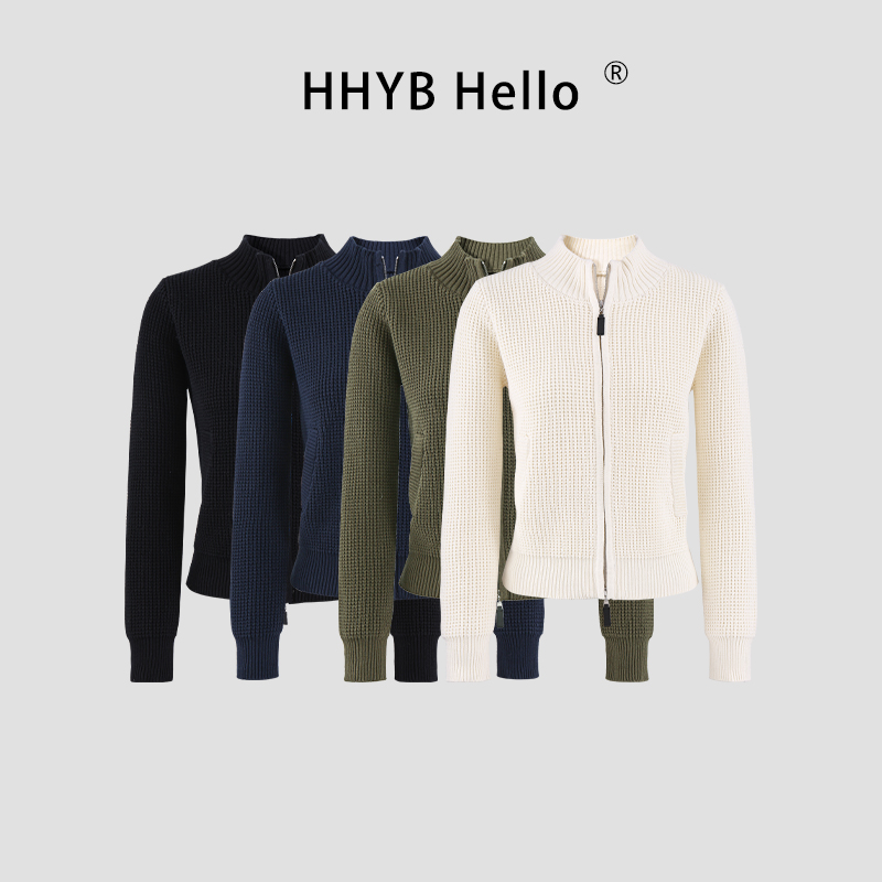 HHYB别来无恙 纯色基础华夫格针织开衫立领拉链毛衣外套女H30063