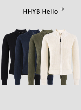 HHYB别来无恙 纯色基础华夫格针织开衫立领拉链毛衣外套女H30063