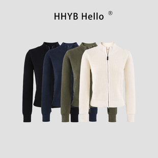 HHYB别来无恙 纯色基础华夫格针织开衫立领拉链毛衣外套女H30063