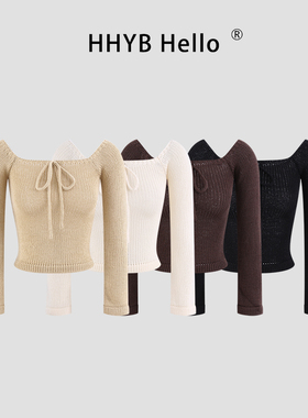 HHYB别来无恙 2026早春新款百搭一字肩方领两穿长袖针织毛衣M2016