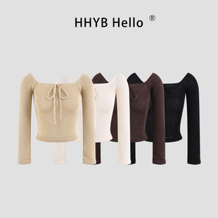 HHYB别来无恙 2026早春新款百搭一字肩方领两穿长袖针织毛衣M2016