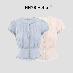 HHYB别来无恙 拼接泡泡袖韩系重工蕾丝花边拼接单排扣衬衫262001