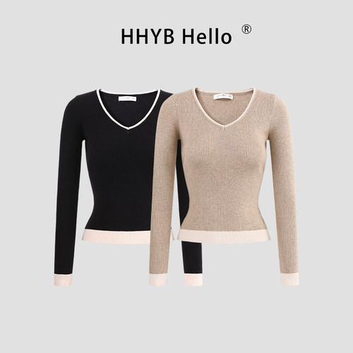 HHYB别来无恙 桃心v领长袖针织衫女秋冬撞色气质修身上衣M1574