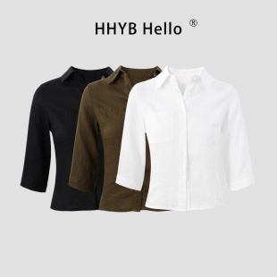 HHYB别来无恙 2025新款七分袖亚麻中袖衬衫褶皱感收腰衬衣Q252061