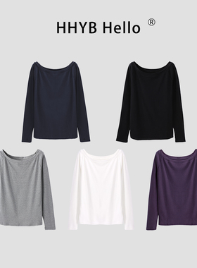 HHYB别来无恙 韩系百搭显瘦花边蕾丝大圆领长袖T恤打底衫250730