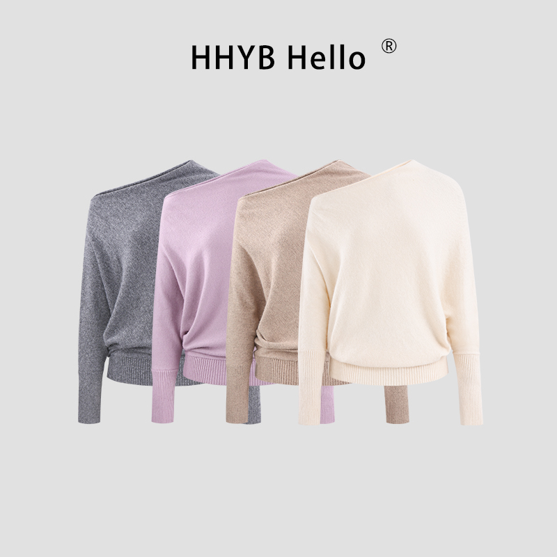 HHYB别来无恙 韩系别致斜肩长袖针织衫女2025秋季露肩上衣女M1253