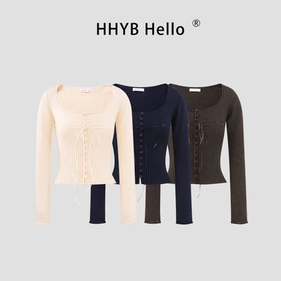 HHYB别来无恙 2025秋冬新款短款修身针织开衫女绑带圆领上衣M1598
