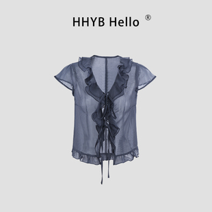 HHYB别来无恙 荷叶边系带V领短袖衬衫女2026夏季透薄款罩衫262006