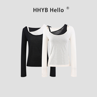 HHYB别来无恙 斜肩长袖拼色T恤女长袖2026新款背心拼接上衣H10092