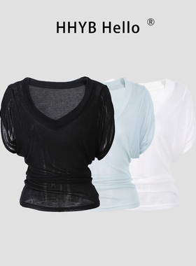 HHYB别来无恙 飞飞袖通勤速干新潮风V领T恤百搭时尚上衣250431