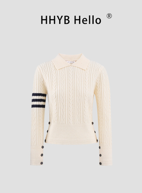 HHYB别来无恙 秋冬新款翻领设计三条杠麻花套头正肩针织毛衣M1661