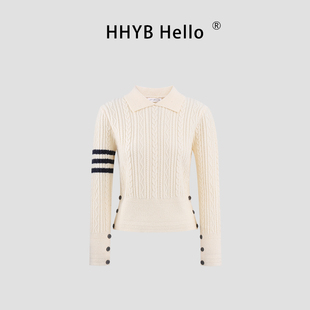 HHYB别来无恙 秋冬新款翻领设计三条杠麻花套头正肩针织毛衣M1661