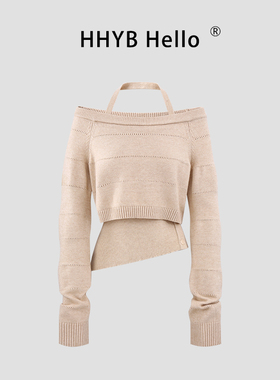 HHYB别来无恙 新款修身挂脖针织衫两件套镂空毛衣套装女M1475套装