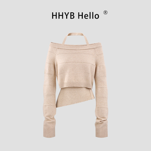 HHYB别来无恙 新款修身挂脖针织衫两件套镂空毛衣套装女M1475套装