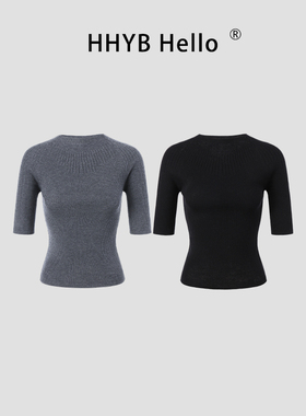 HHYB别来无恙 简约修身中袖上衣女2025气质圆领五分袖针织衫M965