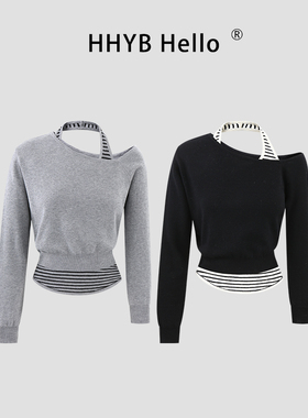 HHYB别来无恙 2026春季斜肩露肩长袖上衣挂脖吊带针织衫M2009套装