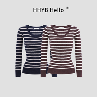 HHYB别来无恙 复古条纹细麻花修身针织衫女2026早春新款上衣M2045