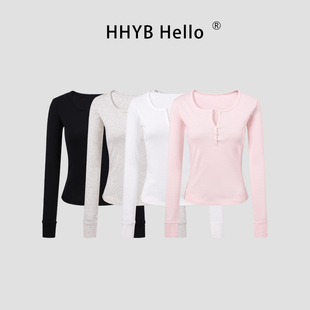 HHYB别来无恙 设计感半门襟圆领打底上衣2025新款长袖T恤女250831