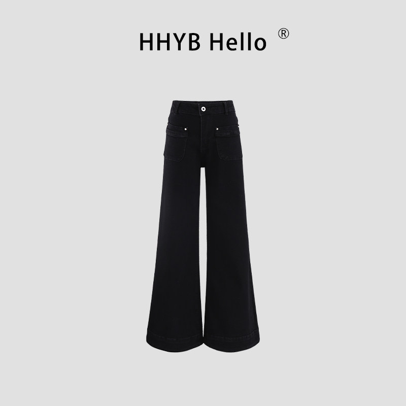 HHYB别来无恙 黑色直口袋设计喇叭裤宽松阔腿牛仔长裤女Q254333,女装/女士精品,牛仔裤,淘宝优惠券,粉丝福利购,淘宝优惠卷