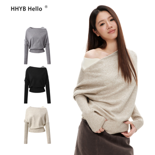 HHYB别来无恙 拼接露肩针织衫女撞色设计感套头毛衣气质上衣M1228