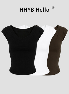 HHYB别来无恙 小飞袖螺纹修身短袖T恤2025夏季新款百搭上衣250318