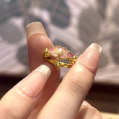 格调小红书春迟芍药殿流苏戒指芭比公主粉金花朵蜜桃色珐琅指环女