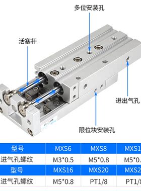 HLS气动直线带导轨滑台气缸MXS6/8/12/16/20/25-10*30*40 A/AS/AT