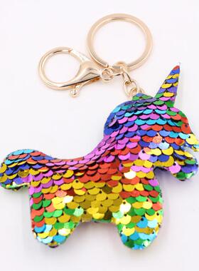 双面彩色亮片独角兽钥匙扣挂件 反光圣诞动物包包挂件钥匙扣赠品
