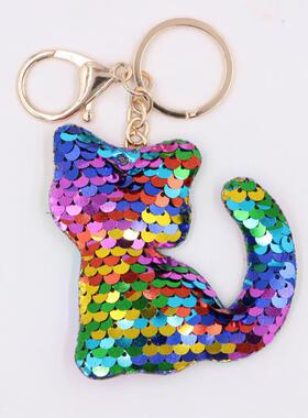 可爱小猫咪亮片钥匙扣时尚女士包包反光汽车钥匙扣挂件礼物包邮