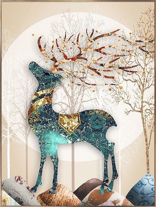 新款印花纯棉dmc十字绣客厅餐厅玄关现代简约竖版动物挂画发财鹿