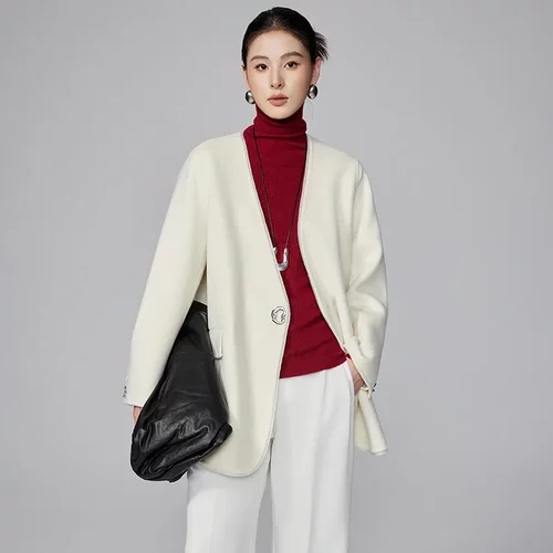 专柜品质极简风V领正肩西装双面羊绒大衣女冬新款拼接设计外套