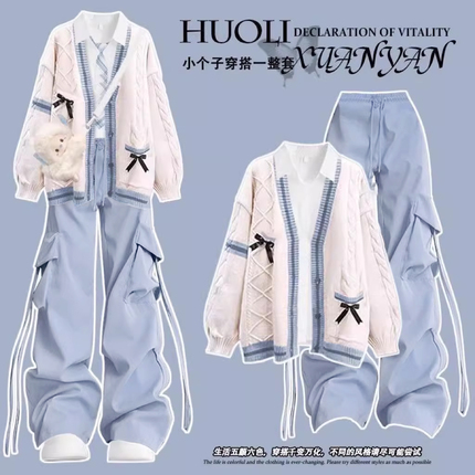 Junior High School Student Fashion Suit for Girls 2026 New Style Teenage Girl Sweater Cardigan Jacket Cargo Pants Three-Piece Suit