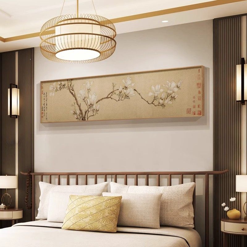 新中式卧室床头挂画宋代美学玉兰图横幅古画茶室装饰国画客厅壁画