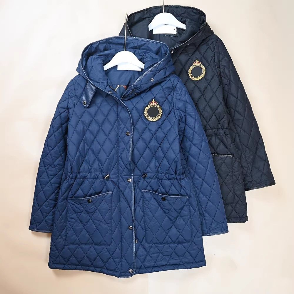 美单 女士菱格绗缝软皮包边连帽抽绳收腰中长款棉服