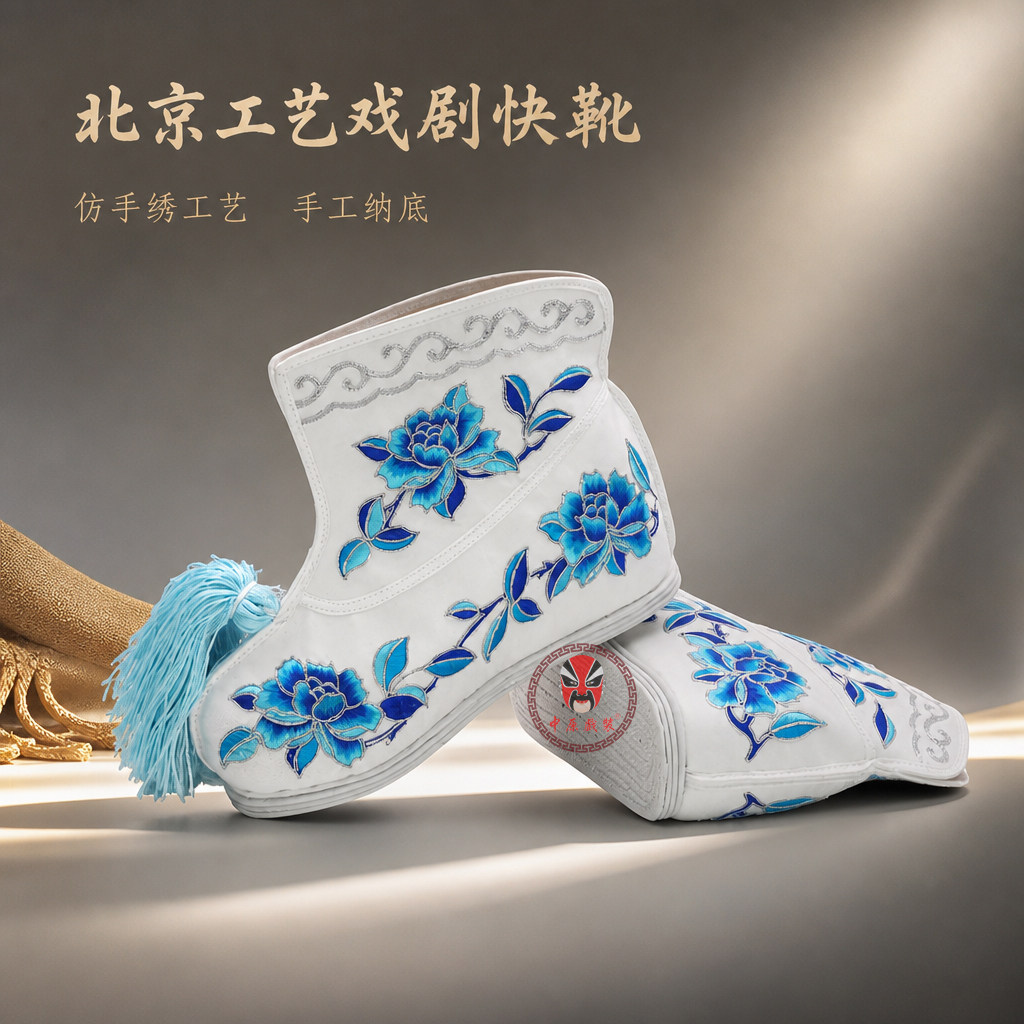 戏曲北京工艺武旦刀马旦平底内高快靴戏剧绣花打鞋牡丹花彩快靴