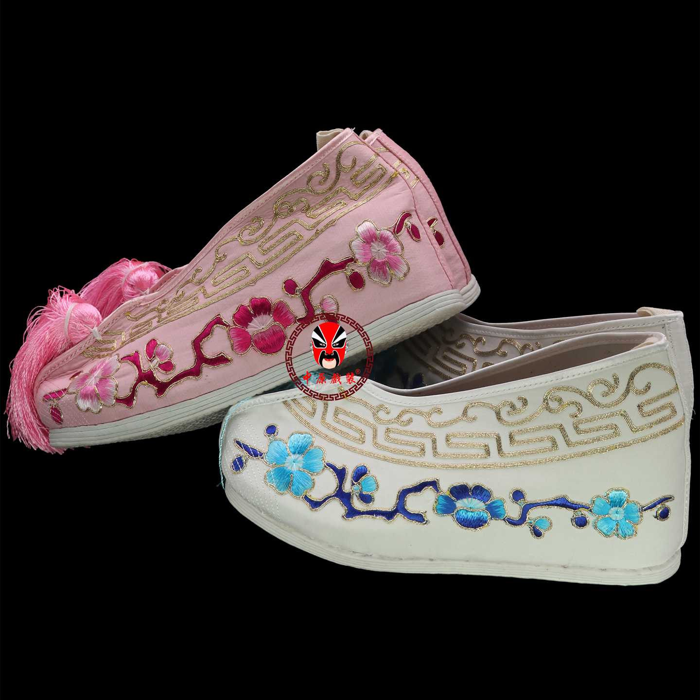 戏曲定做花旦内增高彩鞋戏剧北京工艺三义斋绣花布底梅花内高彩鞋