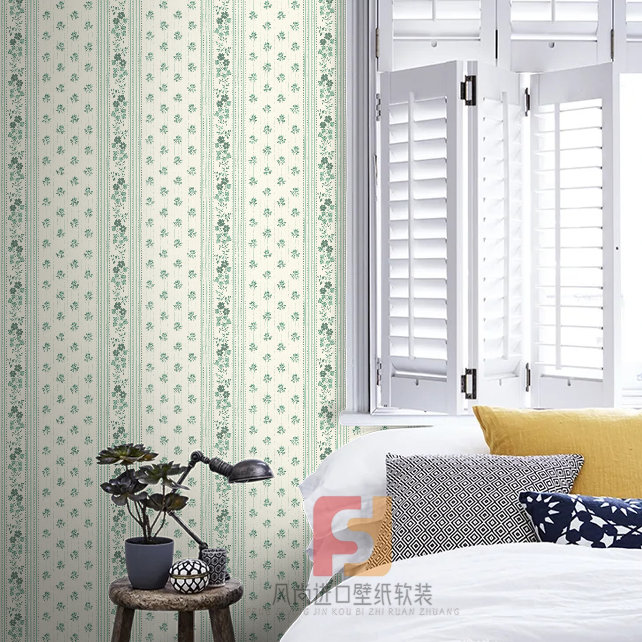 美式别墅大宅个性小花条纹墙纸 绿色书房卧室满铺环保壁纸