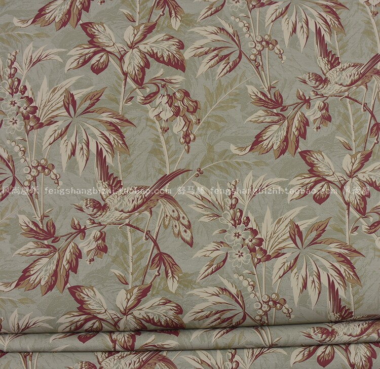 美国原装进口舒马赫纯纸墙纸 新中式美式新古典小鸟绿叶子壁纸