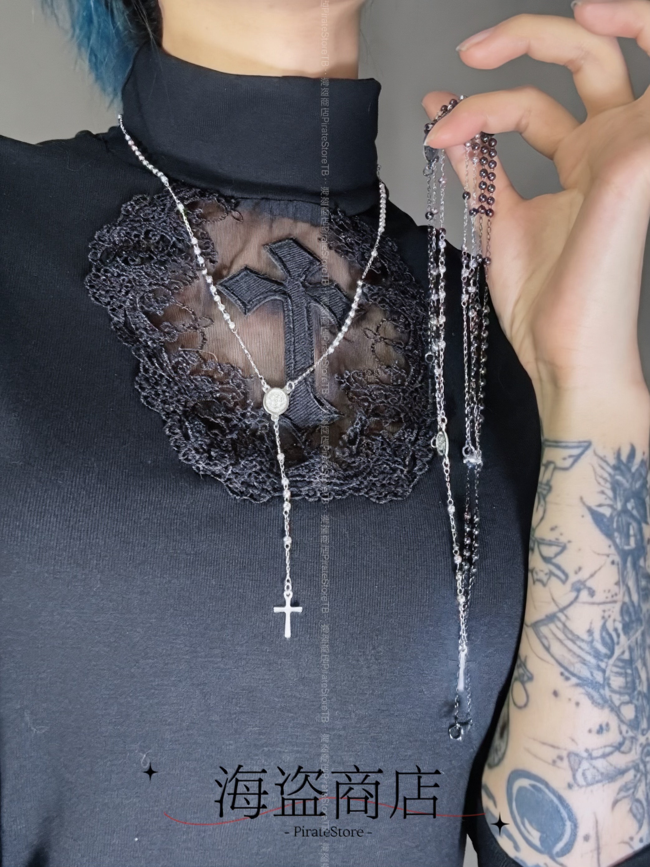 简 日常质感不掉色十字架项链不锈钢 撞色喜毛衣链短款百搭轻哥特