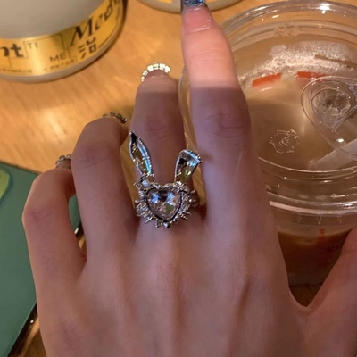 水晶小兔 粉色宝石兔耳朵 甜妹可爱 lolita 夸张开口可调节戒指