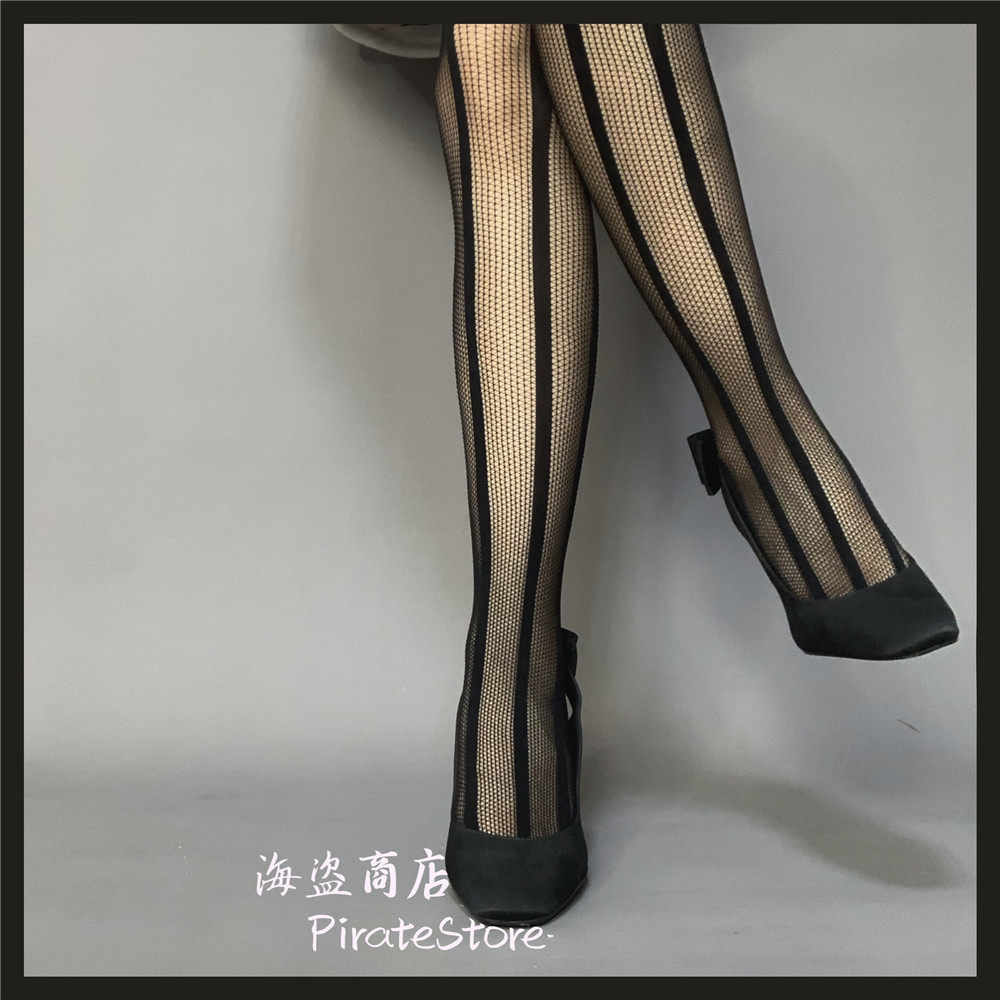 开裆优雅复古竖条纹吊袜带网袜