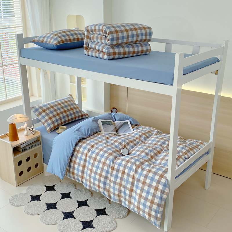 蓝色格子图案全棉被套枕套床单套装双层床学生宿舍寝室床上用品