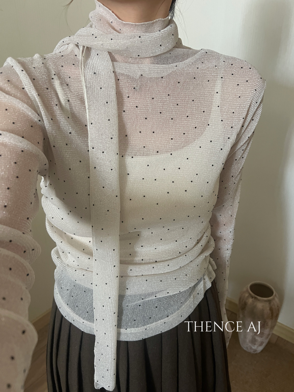 THENCE韩系银丝波点飘带长袖内搭衬衫女2026秋冬透气显气质打底衫