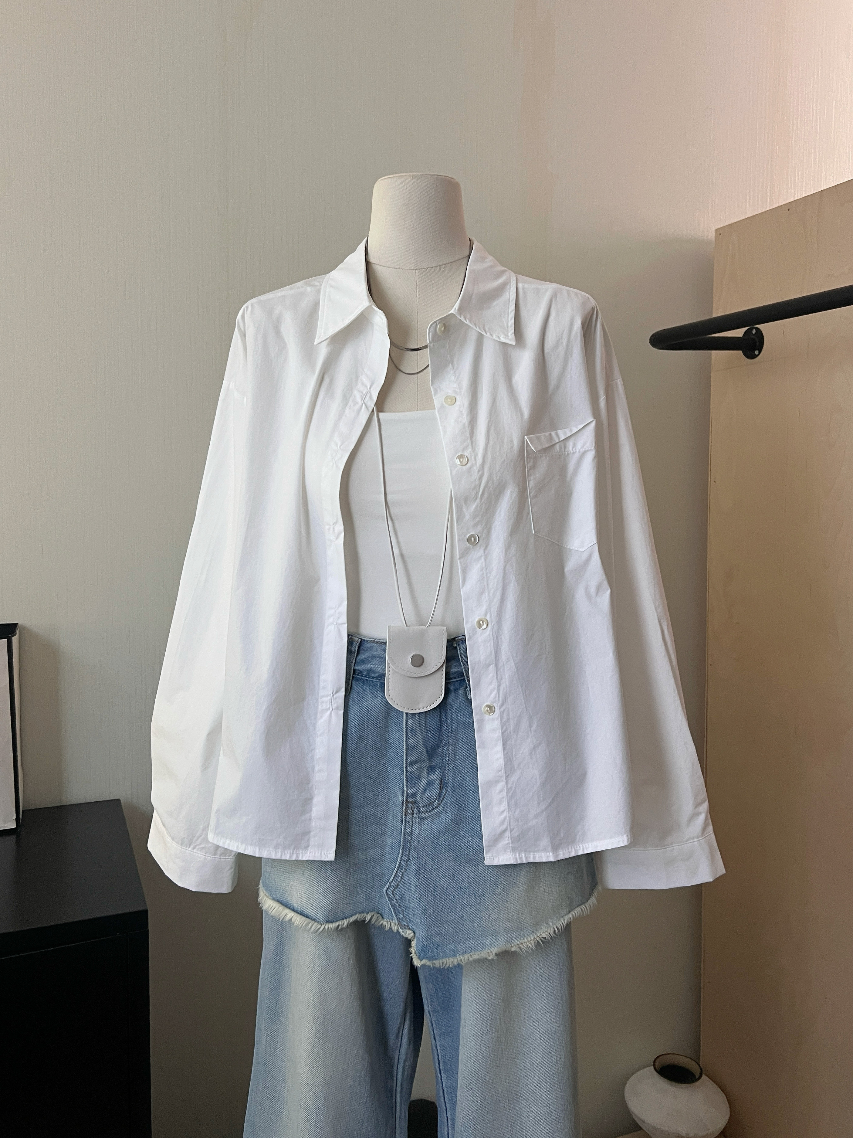 THENCE韩系简约纯色设计感宽松长袖衬衣女春夏季新款百搭棉料衬衫