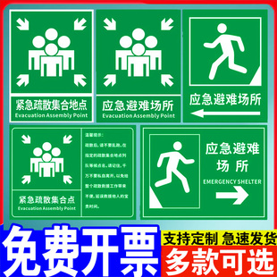 应急避难场所间指示牌紧急疏散集合点标识避险安全逃生标志提示墙贴纸消防标示标牌警急撤离警告标贴线路告示