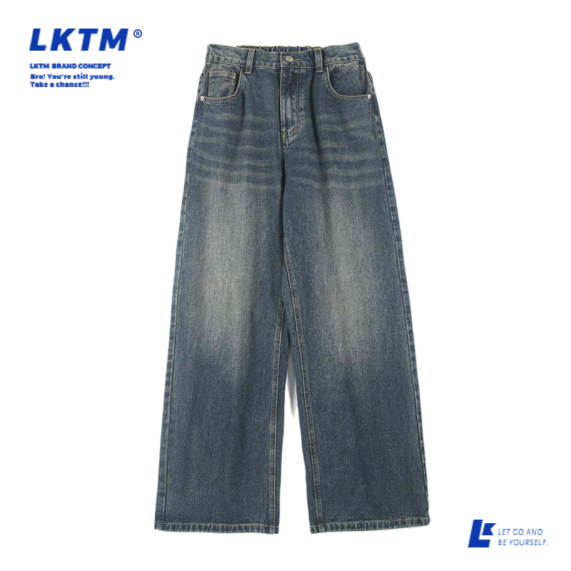 LKTM新款美式复古cleanfit宽松直筒牛仔裤男vibe潮牌流行阔腿裤子