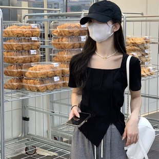 胖mm正肩方领短袖 上衣 显瘦遮肚不规则短款 大码 t恤女夏季 辣妹修身