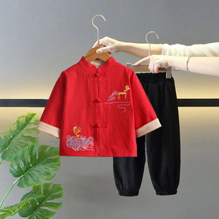 男童唐装汉服宝宝周岁礼服古装儿童抓周女童中国春秋棉麻套装中式