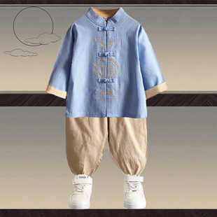 儿童古装汉服男童唐装宝宝周岁生日礼服开学节日学校活动礼服棉麻